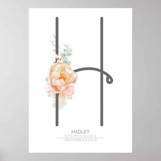 H Letter Monogram Blush Peach Floral Wohngestaltun Poster (Vorne)
