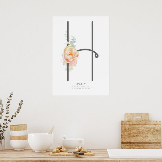 H Letter Monogram Blush Peach Floral Wohngestaltun Poster (Küche)