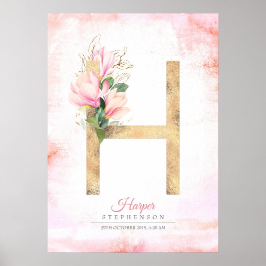 H Letter Monogram Gold Blätter Pink Magnolia Flora Poster (Vorne)