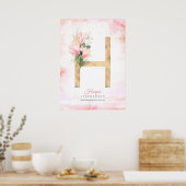 H Letter Monogram Gold Blätter Pink Magnolia Flora Poster (Küche)