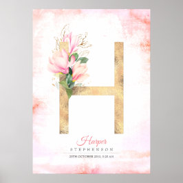H Letter Monogram Gold Blätter Pink Magnolia Flora Poster