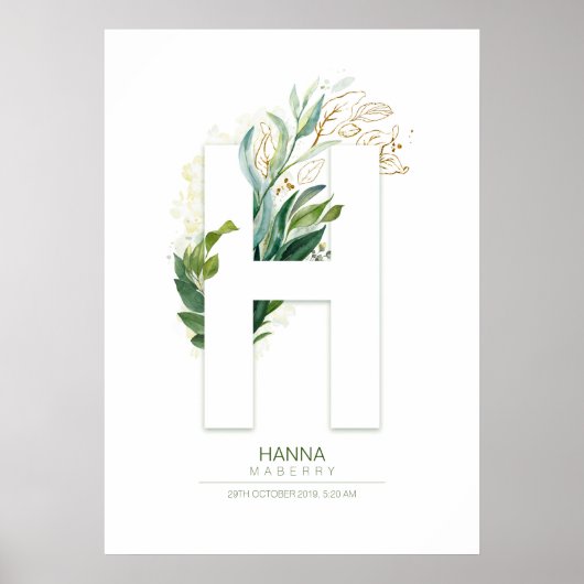 H Letter Monogram Gold Greenerage Foliage Chic Poster (Vorne)