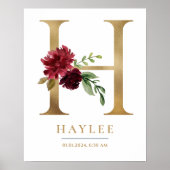H Letter Monogram Name Marsala Floral Kinderzimmer Poster (Vorne)