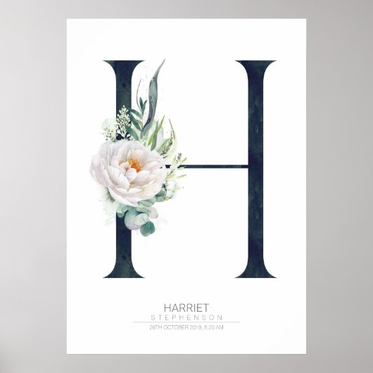 H Letter Monogram Weiße Blume und Grüne Poster (Vorne)