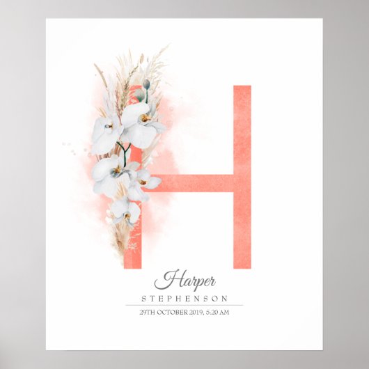 H Letter Monogram White Orchias and Pampas Grass Poster (Vorne)
