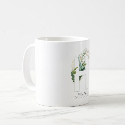 H Monogram Gold Greenery Blätter Eleganter Name Kaffeetasse (Vorderseite Links)
