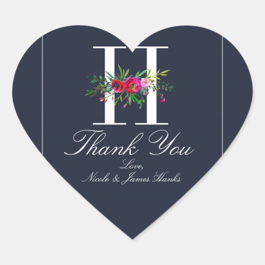 H Monogram letzte erste Hochzeit mit moderner Blau Herz-Aufkleber (Vorderseite)