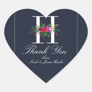 H Monogram Letzte Initiale Moderne Blaue Florale H Herz-Aufkleber