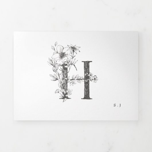 'H' Monogram Schöne gezeichnete Blumenhochzeit Dreifach Gefaltete Einladung (Cover)