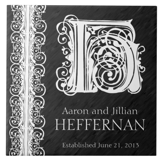 H Monogram "White Lace on Black" Hochzeitszange Fliese (Vorderseite)