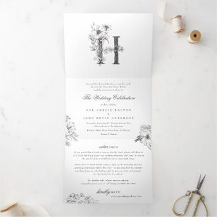 'H'-Monogramm schöne skizzierte Blumenhochzeit Dreifach Gefaltete Einladung