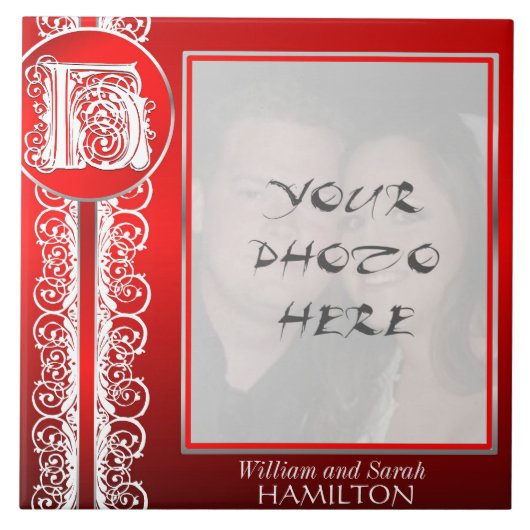 H Monogramm "Weiße Spitzen auf Rot" mit Foto - Til Fliese (Vorderseite)