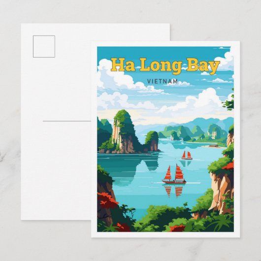Ha Long Bay Vietnam Reisen Vintag Illustration Postkarte (Vorne/Hinten)