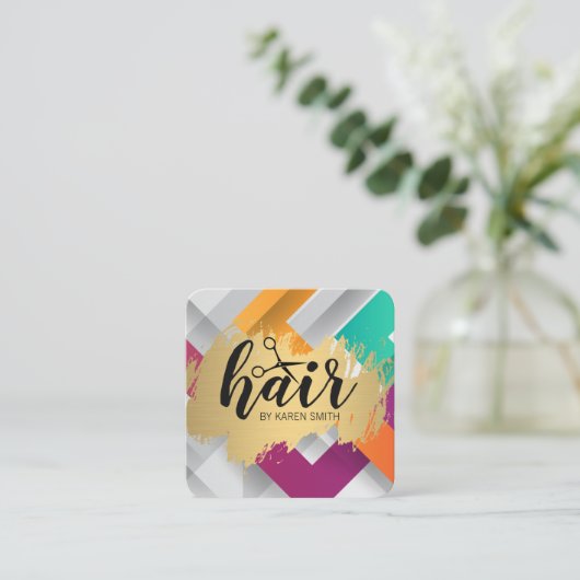 HAAR / Gold gebürstet / Moderne farbige Streifen Quadratische Visitenkarte (Stehend Vorderseite)