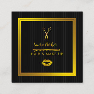 Haar Makeup Stylist Gold Imitate Schwarzer Glitzer Quadratische Visitenkarte