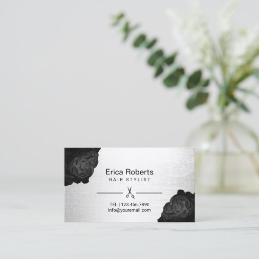 Haar Stylist Chic Black Floral Silver Ernennung Terminkarte (Stehend Vorderseite)