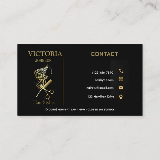 Haar Stylist Chic Black & Gold Schönheitssalon Visitenkarte (Rückseite)