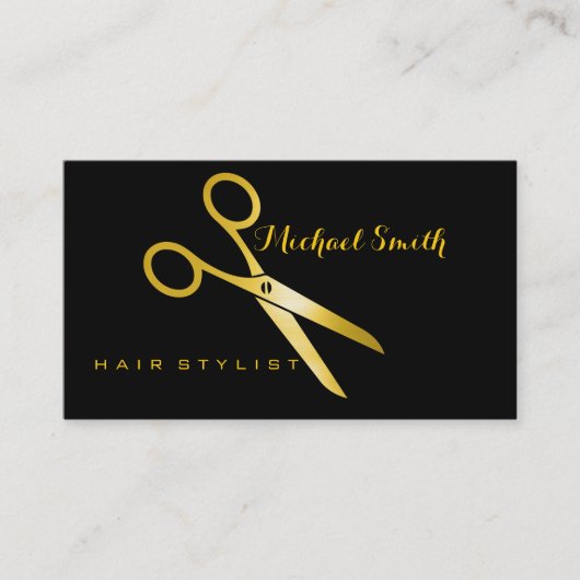 Haar-Stylist-elegantes Gold Scissors Salon Visitenkarte (Vorderseite)
