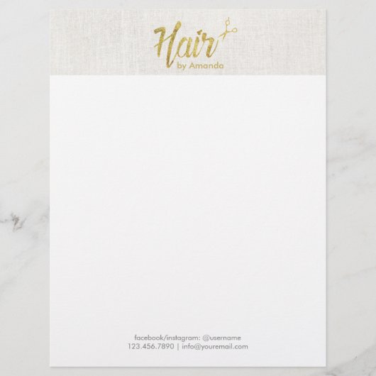 Haar-Stylist-Goldskript-elegantes Leinen Briefkopf (Vorderseite)