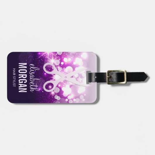 Haar-Stylist-lila funkelnd und Glitzer-Scheren Gepäckanhänger (Vorderseite horizontal)