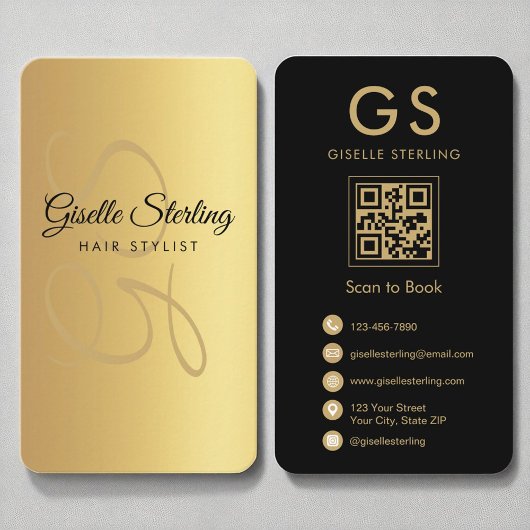 Haar Stylist Monogram Gold Black QR Code Visitenkarte