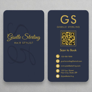 Haar Stylist Monogram Navy Blue Gold QR Code Visitenkarte
