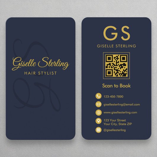 Haar Stylist Monogram Navy Blue Gold QR Code Visitenkarte