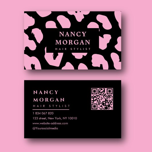 Haar Stylist Pink Leopard Print QR Code Visitenkarte