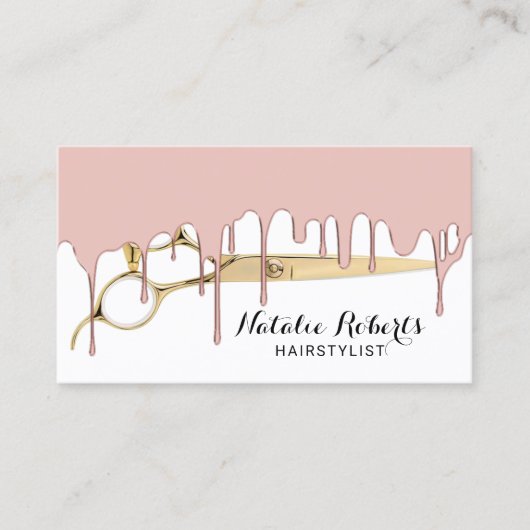 Haar Stylist Rose Gold Dripping Gold Scisson Salon Visitenkarte (Vorderseite)