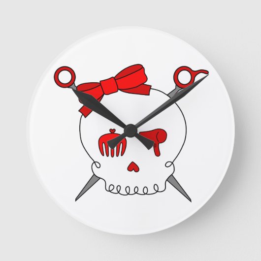 Haar-zusätzlicher Schädel u. Scheren (rot) Runde Wanduhr (Vorderseite)