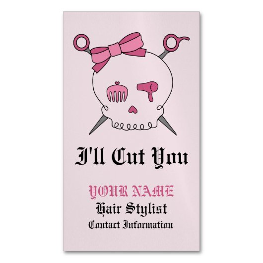 Haaraccessoires Skull & Scheren (rosa Version 6) Magnetische Visitenkarte (Vorderseite Vertikal)