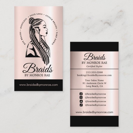 Haarbühne oder Haartrappe Braid Salon Rose Gold Visitenkarte (Vorne/Hinten)