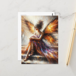 Haare in einem lila Kleid sitzen auf der Treppe Postkarte