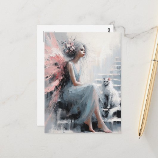 Haare mit weißer Katze auf den Treppen Postkarte (Vorderseite/Rückseite Beispiel)