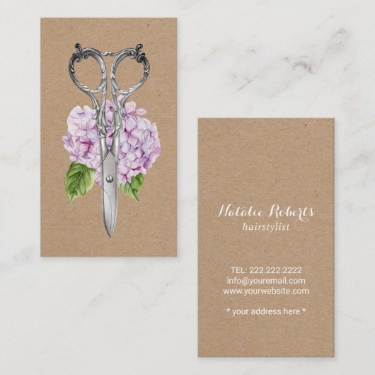 Haare Stylist Antique Scissor & Hydrangea Blume Visitenkarte (Vorne/Hinten)