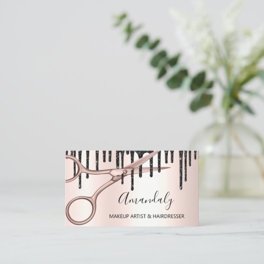 Haare Stylist Friseur Rose Gold Scissors QRCode Visitenkarte (Stehend Vorderseite)
