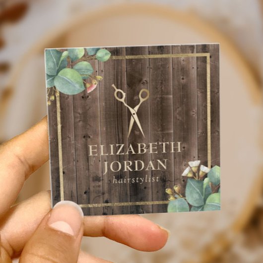 Haare Stylist Gold Schere Salon Botanisches Holz Quadratische Visitenkarte