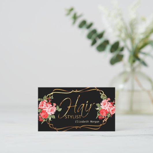 Haare Stylist in Schwarz und schöne rote Flora Visitenkarte (Stehend Vorderseite)