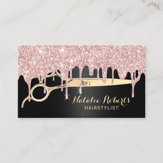 Haare Stylist Rose Gold Tropfen Schwarzer Schönhei Visitenkarte (Vorderseite)