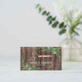 Haare Stylist Scissor Geometric Greenery Holz Visitenkarte (Stehend Vorderseite)