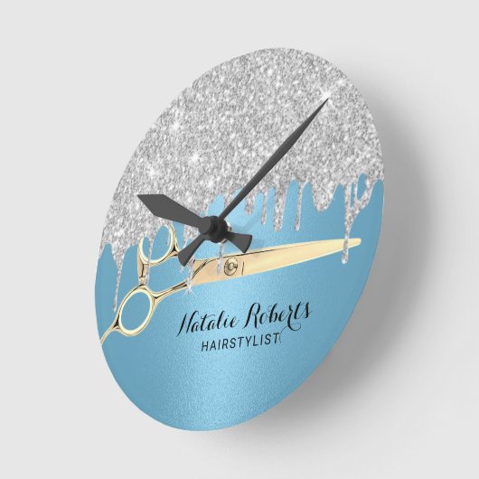 Haare Stylist Silver Glitzer Tropfen Blue Salon Runde Wanduhr (Winkel)