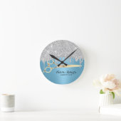 Haare Stylist Silver Glitzer Tropfen Blue Salon Runde Wanduhr (Zuhause)