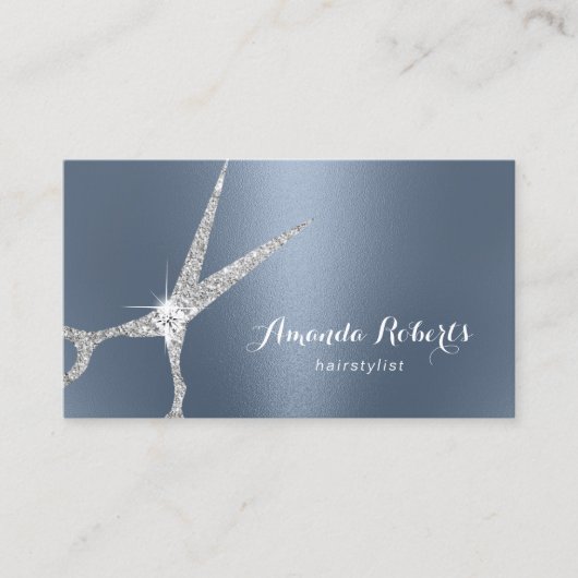 Haare Stylist Silver Scissor Dusty Blue Salon Visitenkarte (Vorderseite)