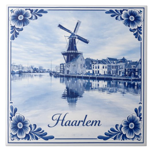 Haarlem windmill Delft Blue style ceramic tile Fliese (Vorderseite)