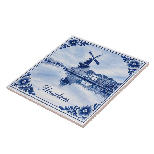 Haarlem windmill Delft Blue style ceramic tile Fliese (Seite)