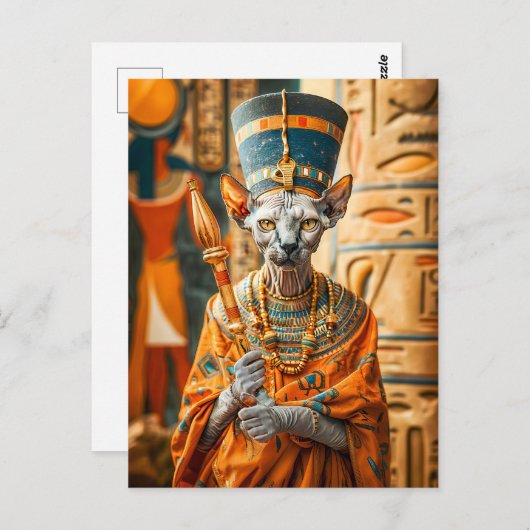 Haarlose Katze Pharao mit Krone Postkarte (Vorne/Hinten)