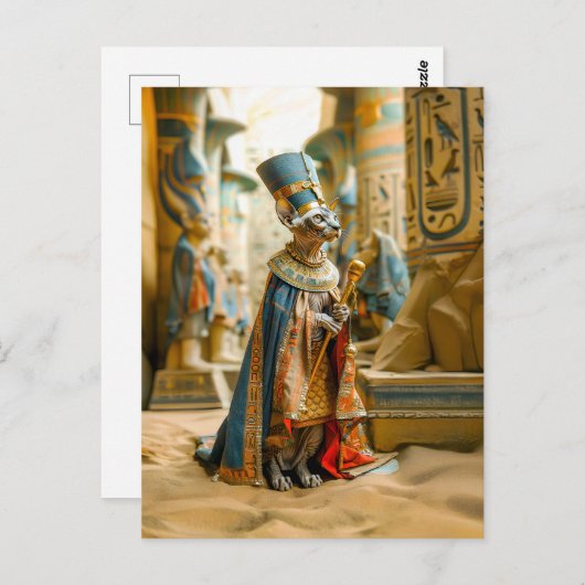 Haarlose Katze Pharao mit Krone Postkarte (Vorne/Hinten)