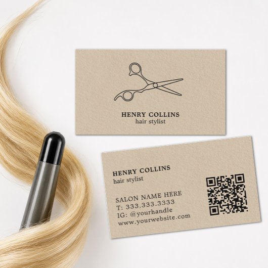 Haarsalon Scheren Beige Kraftpapier Qr Code Visitenkarte