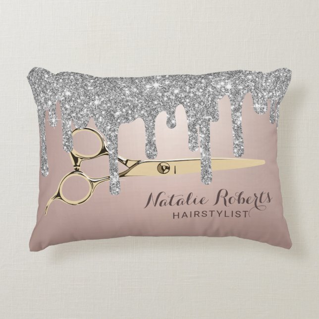 Haarsalon Silver Glitzer Tropfen Gold Schere Dekokissen (Vorderseite)