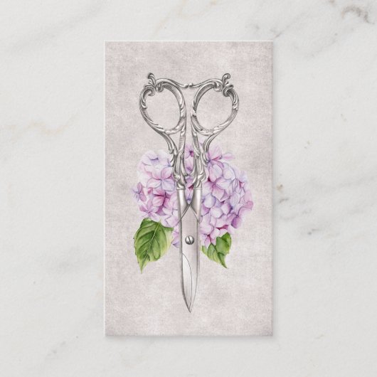 Haarstollen Antiquitätenschere und Lila Blume Visitenkarte (Vorderseite)